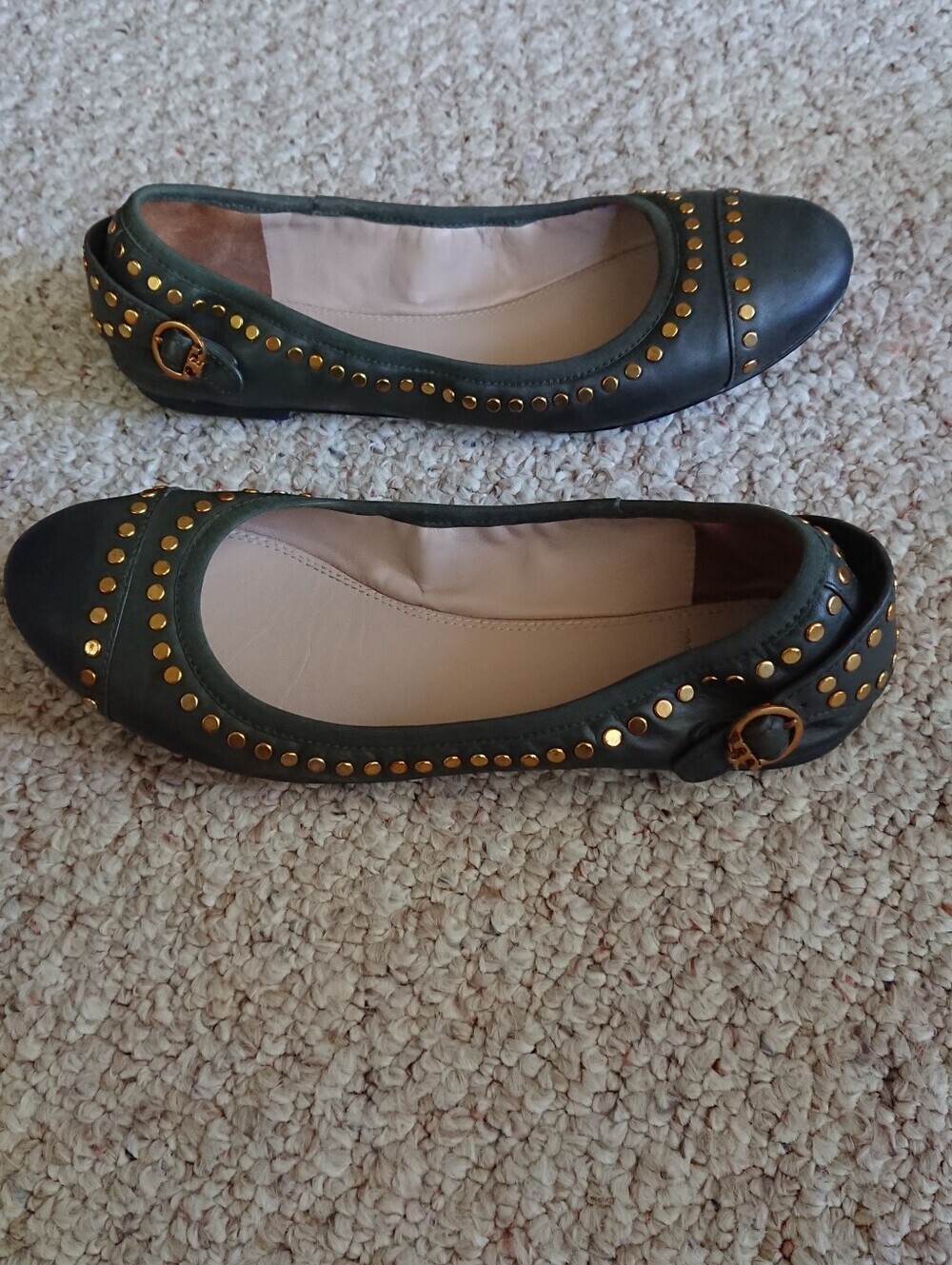 Tory Burch Holden gold tone Studded hunter green Ballet Flats size 7 - Picture 5 of 14